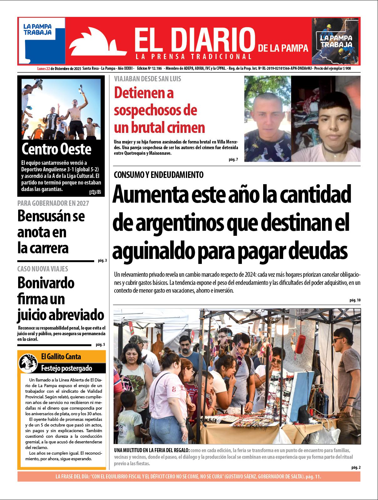 Tapa de El Diario en papel  lunes 22 de diciembre de 2025